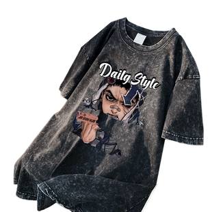 美式高街短袖男潮牌t恤水洗做旧重磅纯棉oversize潮流半袖上衣服