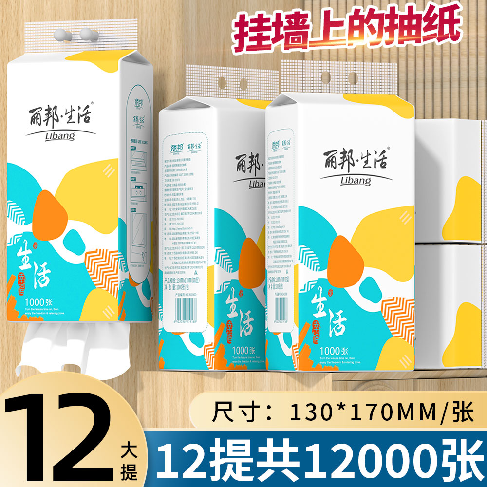 丽邦悬挂式抽纸卫生纸纸巾擦手纸厕纸批发大包整箱平板挂墙纸巾pd