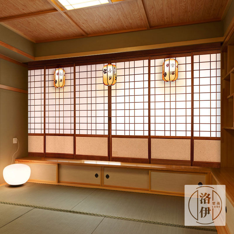 日式寿司店榻榻米壁纸纸门推拉门格子木纹剧本杀日本装修风格墙纸