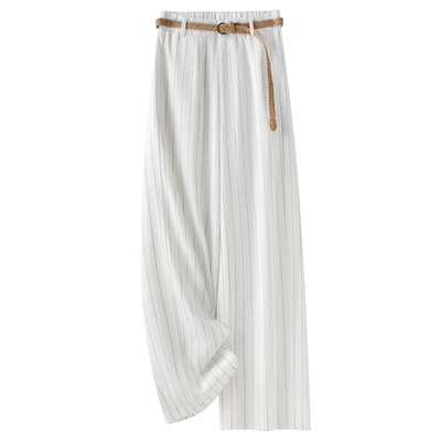 白色棉麻条纹阔腿裤女夏2025新款夏季薄款宽松慵懒风垂感直筒裤子