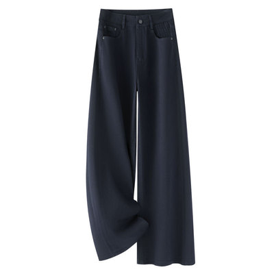 藏青色窄版牛仔直筒裤女2025秋季新款高腰显瘦宽松百搭拖地阔腿裤