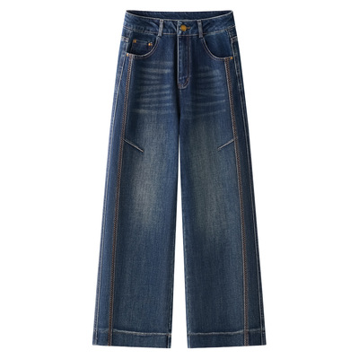 蓝色复古牛仔直筒裤女2025秋季新款水洗高腰宽松百搭显瘦阔腿长裤