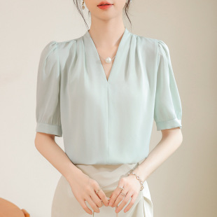 衬衫 新款 气质短袖 女2025夏季 缎面垂感纯色通勤职业OL上衣 领法式