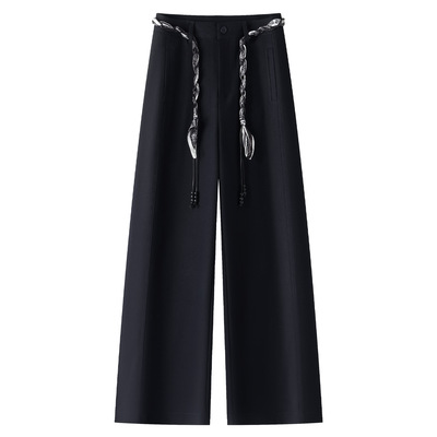 藏青色休闲直筒裤女2025秋季新款高腰宽松西装裤垂感百搭阔腿裤子