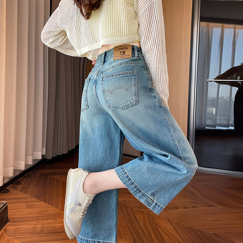 阔腿八分牛仔裤女夏季薄款2025新款高腰松弛感慵懒风直筒七分中裤