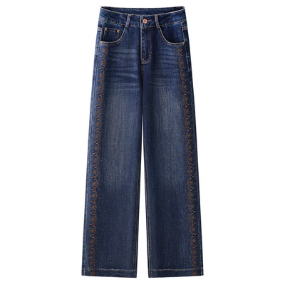 蓝色复古刺绣牛仔直筒裤女2025秋季新款高腰宽松显瘦烫钻阔腿裤