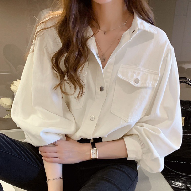 工装牛仔布白衬衫女2025春秋新款设计感小众上衣宽松百搭长袖衬衣