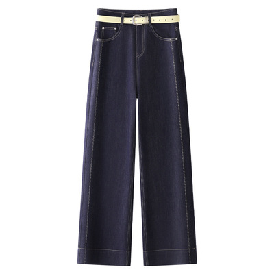 深蓝色阔腿牛仔裤女2025新款春季复古宽松高腰直筒九分裤春秋