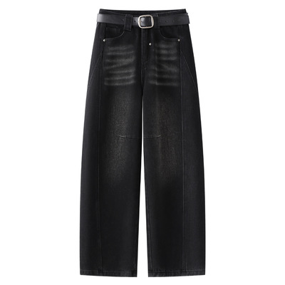 黑色水洗牛仔哈伦裤女2025秋季新款高腰宽松显瘦垂感阔腿弯刀长裤