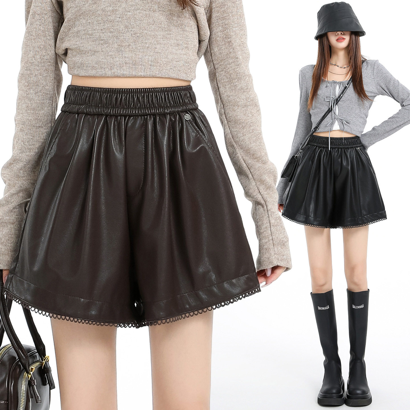 实拍 镂空花边pu皮短裤女秋冬外穿松紧高腰显瘦a字休闲阔腿裤靴裤