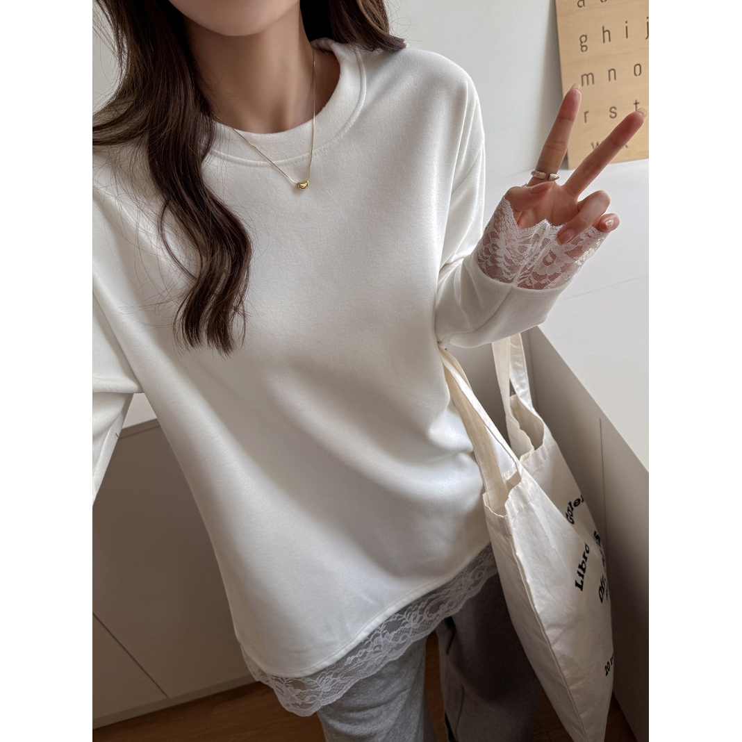 秋冬季蕾丝拼接德绒加厚磨毛德绒圆领长袖t恤宽松版设计感打底衫