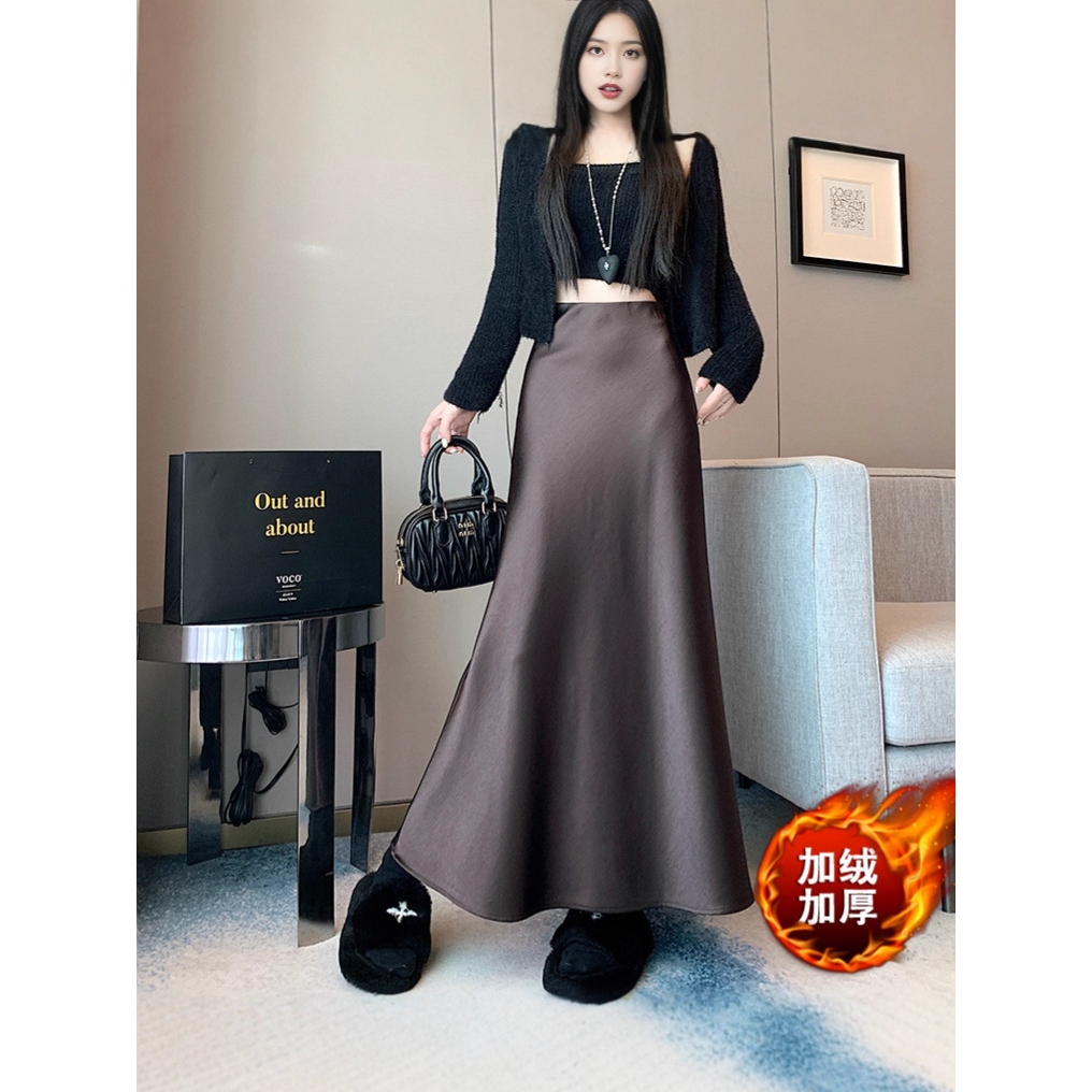 2025秋冬高级醋酸锻面亲肤加绒半身包臀鱼尾长裙松紧腰中长裙
