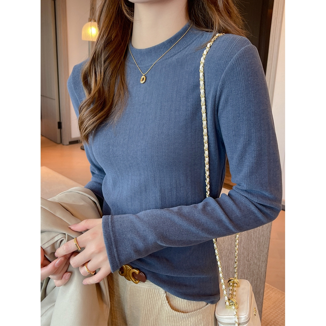 秋冬季小圆领内搭长袖打底衫女螺纹显瘦可外穿上衣高级感正肩t恤