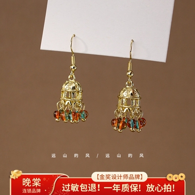 远山的风 琉璃风铃手作vintA0ge复古宫廷民族风耳环流苏耳钩A0826