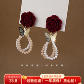 印象花园「月野玫瑰」温柔复古金色高级丝绒港风玫瑰耳环耳夹A376