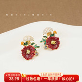 晚棠MIN 莫奈花园珐琅花朵耳饰森系女小清新甜美耳环超仙度假A078