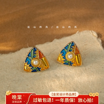 远山的风 复古vintA0ge时尚耳环 古着高级珐琅彩金属女耳钉A0498