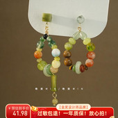 晚棠MIN 时光沉醉 超仙复古杂糅绿色串珠水滴耳环女高级感A390
