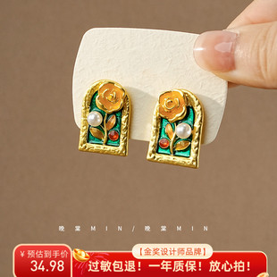 晚棠MIN 宫廷风vintage油画花朵耳饰小众设计感耳钉耳环A746 法式