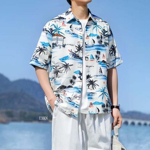 EXKN复古风常规男印花衬衣满印衬衫潮牌宽松短袖情侣薄款男装外套