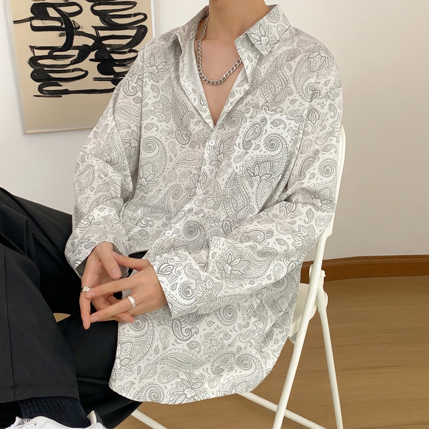 港风复古衬衫男女秋季宽松长袖衬衣垂感印花寸衫ins痞帅潮流外套