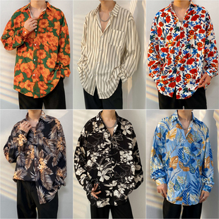 男女同款 长袖 宽松碎花满印沙滩风 花衬衫 港风复古90年代感怀旧服装