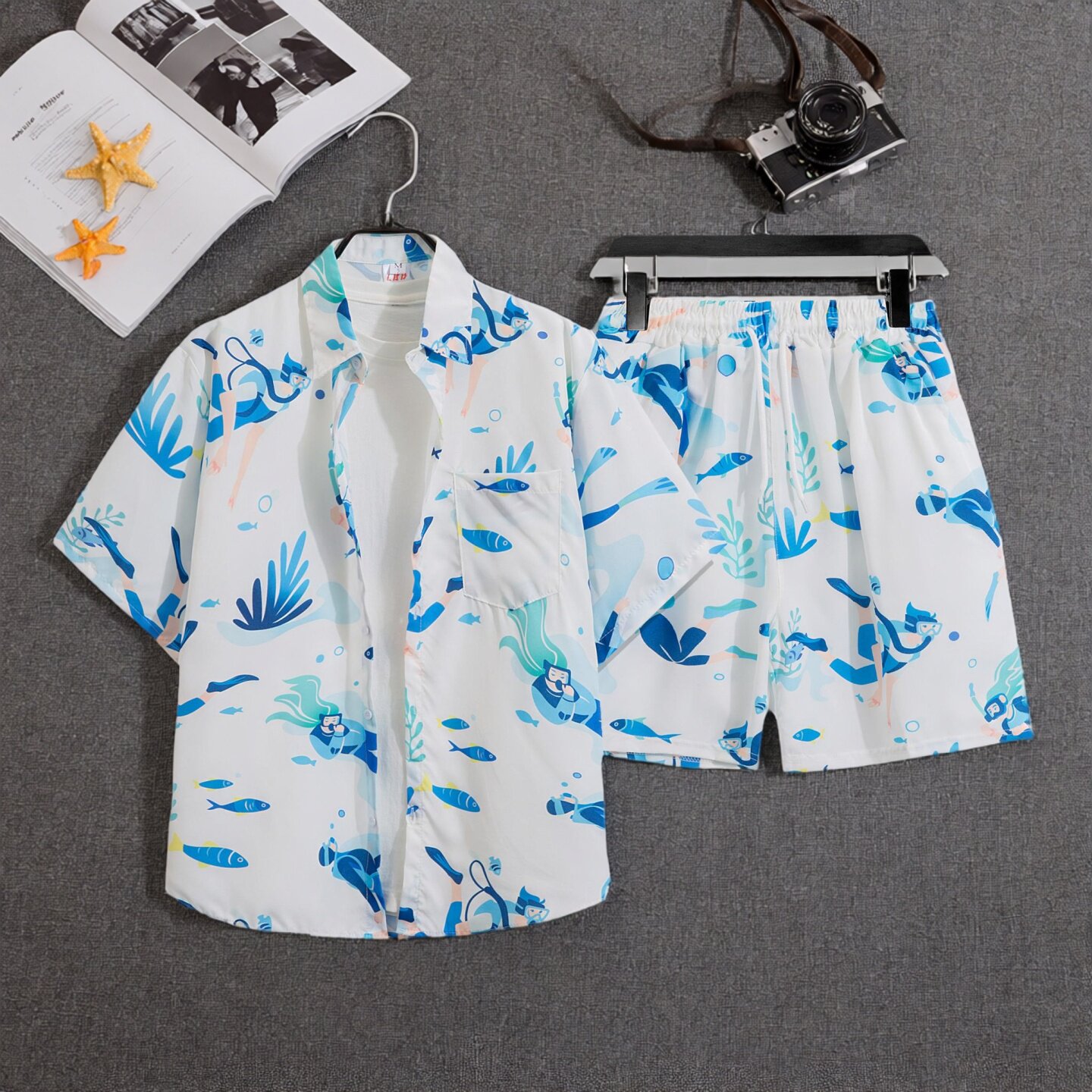 夏威夷沙滩男士短袖花衬衫套装