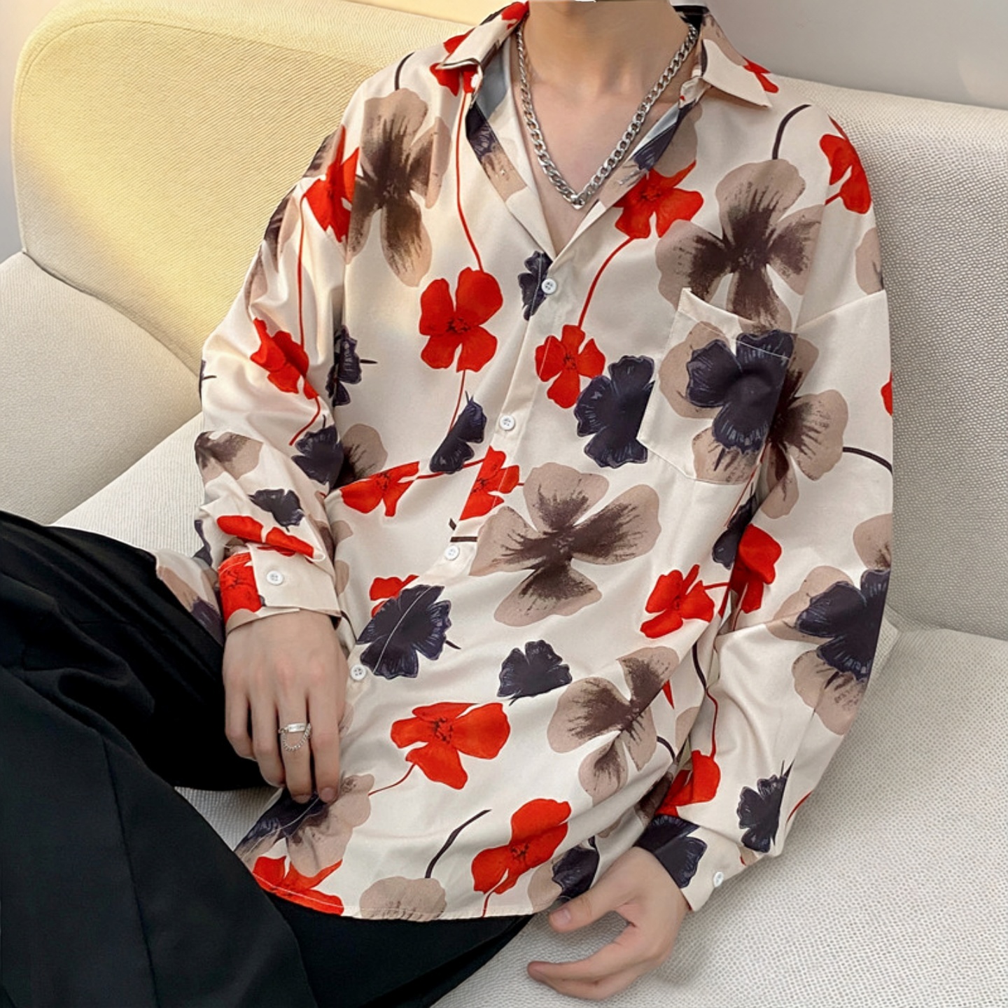 花衬衫男女港风春秋薄款高级感印花衬衣外套宽松百搭长袖休闲上衣