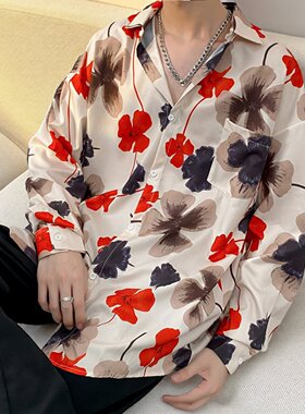 花衬衫男女港风春秋薄款高级感印花衬衣外套宽松百搭长袖休闲上衣