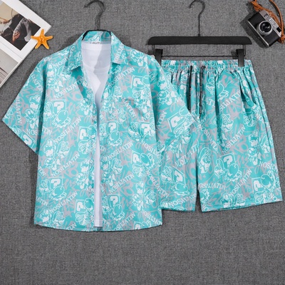 夏威夷沙滩泰式花衬衫短裤套装