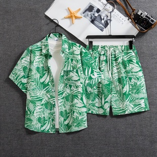男女复古夏威夷沙滩情侣宽松两件套短裤 套装 花衬衫 短袖 衬衣潮 夏季