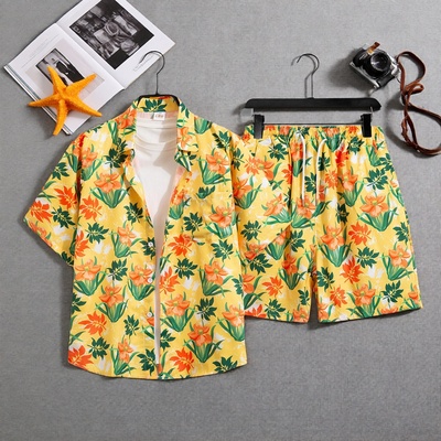 夏威夷沙滩情侣印花短裤套装