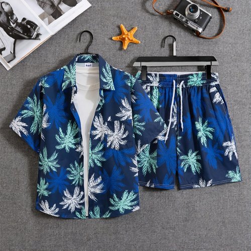 夏威夷沙滩港风短袖短裤情侣套装