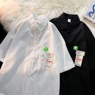 港风日系衬衫男夏季薄款短袖衬衣网红潮流百搭痞帅情侣装五分外套