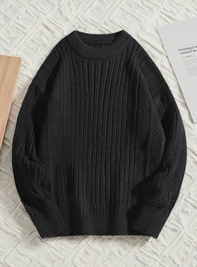 复古日系纯色百搭圆领毛衣打底衫男秋冬季宽松百搭情侣针织衫外套