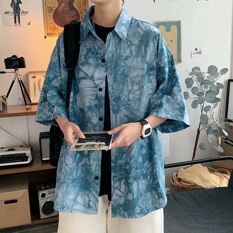 夏威夷男生潮牌设计感扎染衬衣