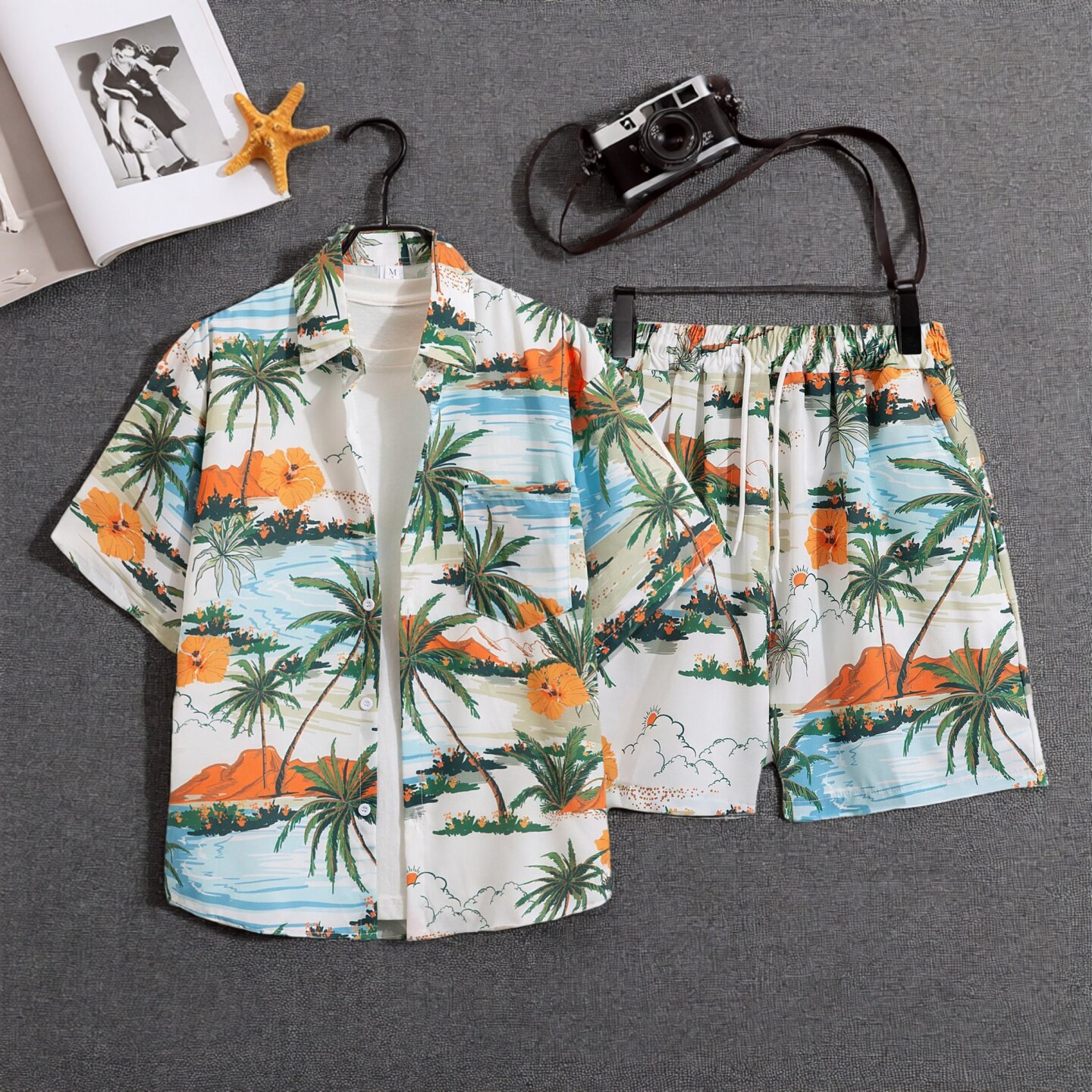 港风复古花短袖衬衫夏季沙滩度假