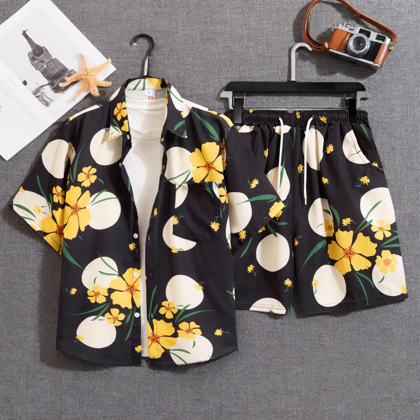 泰式花衬衫短裤情侣沙滩套装