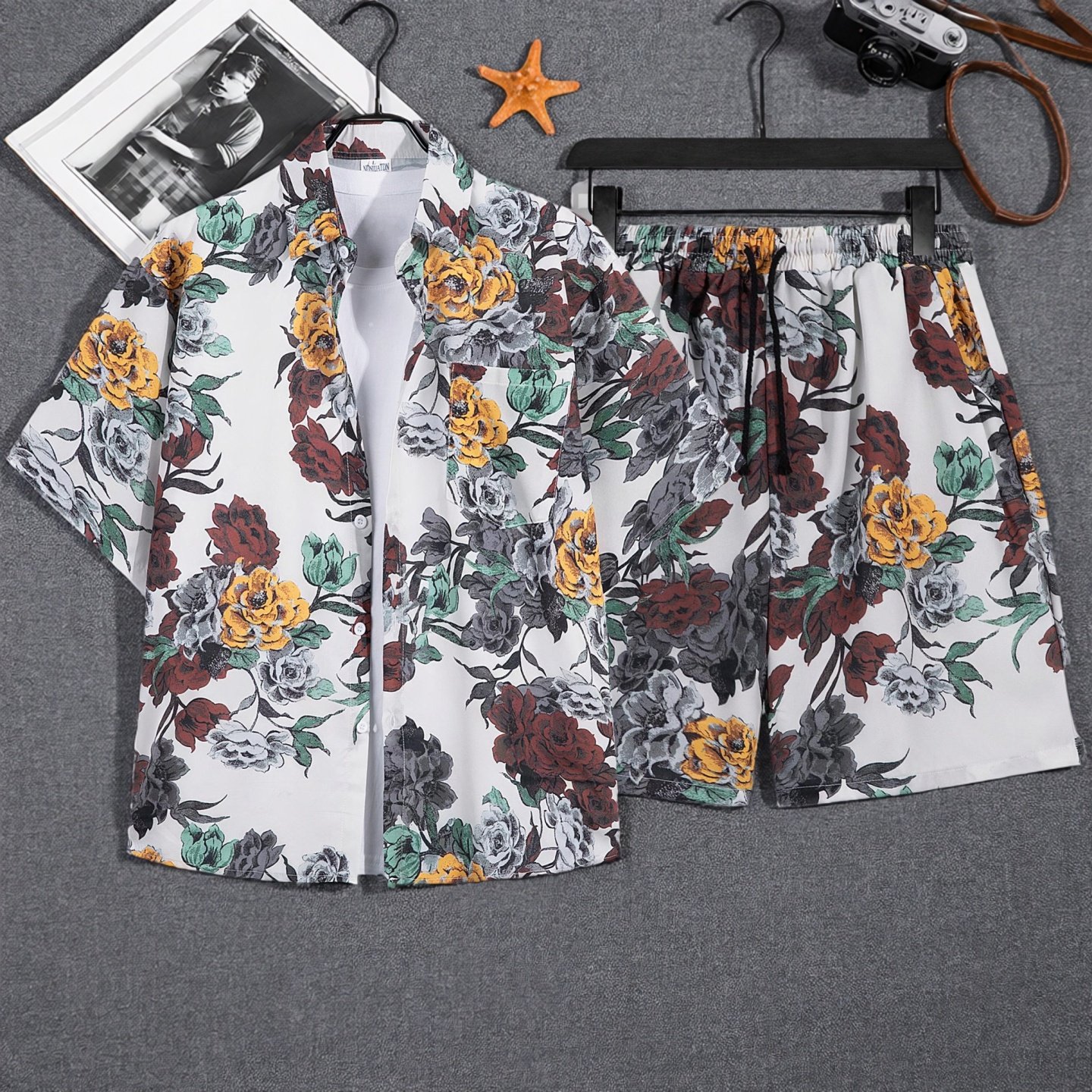 夏季男士沙滩短袖花衬衫套装