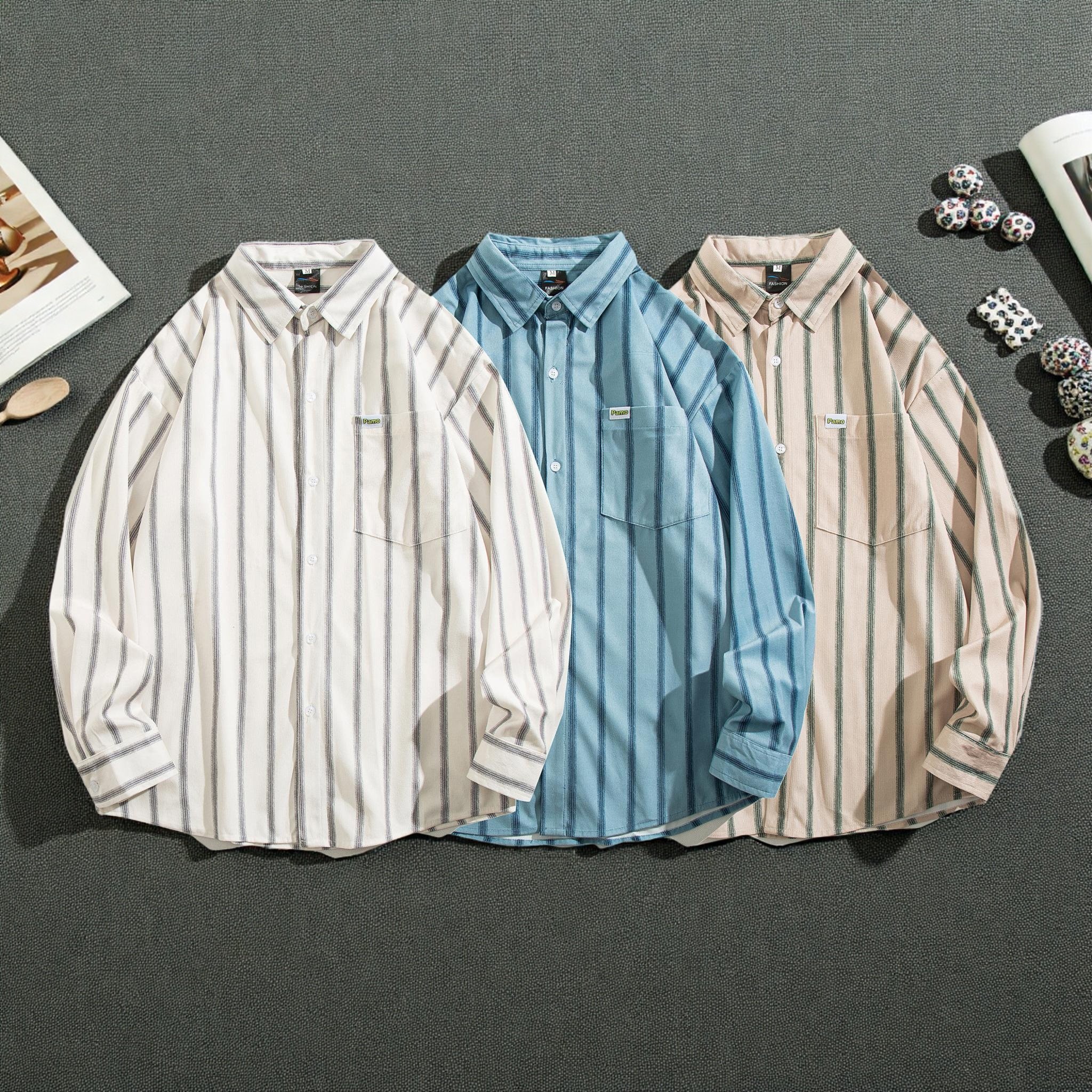 灯芯绒复古条纹衬衫外套男春秋季新款长袖内搭衬衣文艺上衣开衫潮