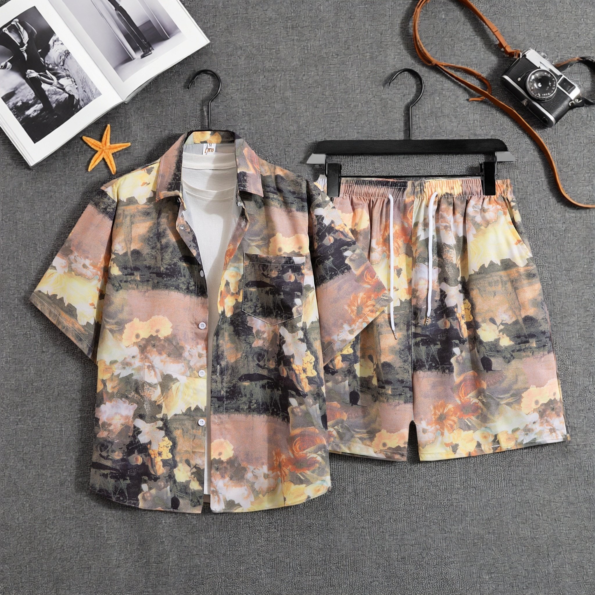 夏威夷花衬衫沙滩套装情侣大码