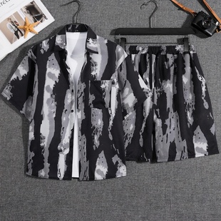 男女度假速干直筒短裤 夏季 套装 衬衫 两件套 沙滩海边水墨扎染半截袖