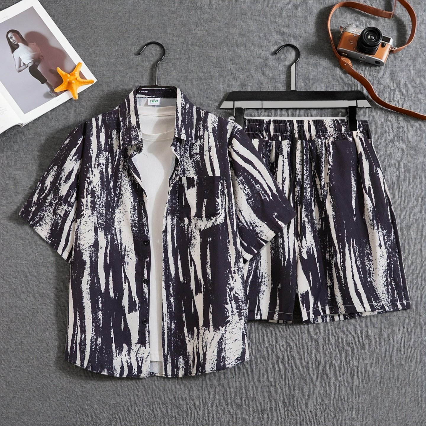 夏威夷沙滩男士宽松短袖衬衫套装