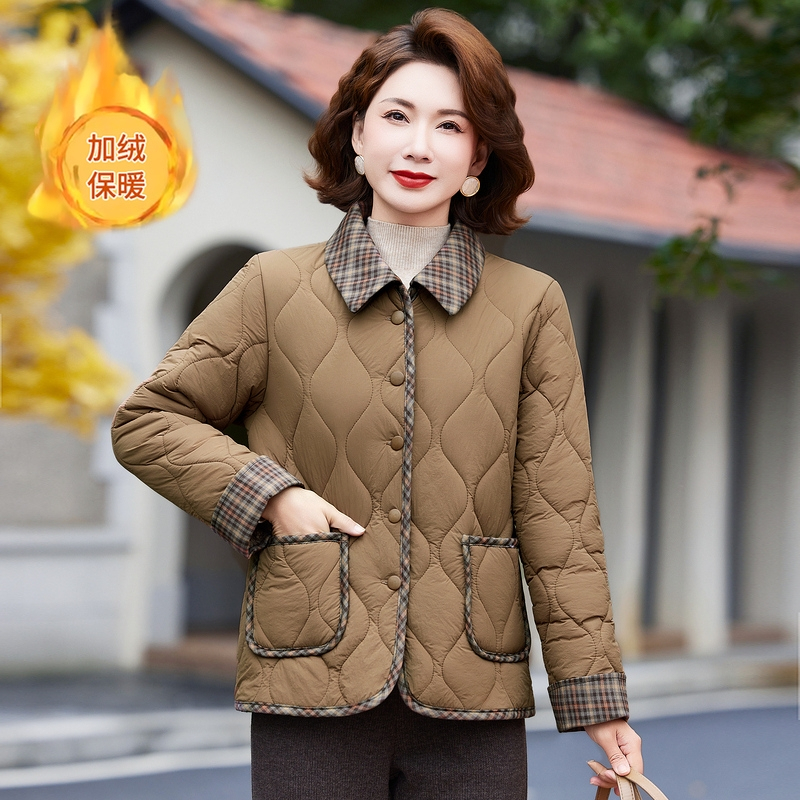 妈妈装秋冬加绒尼丝纺棉服外套2024冬季新款轻薄时尚减龄女棉袄