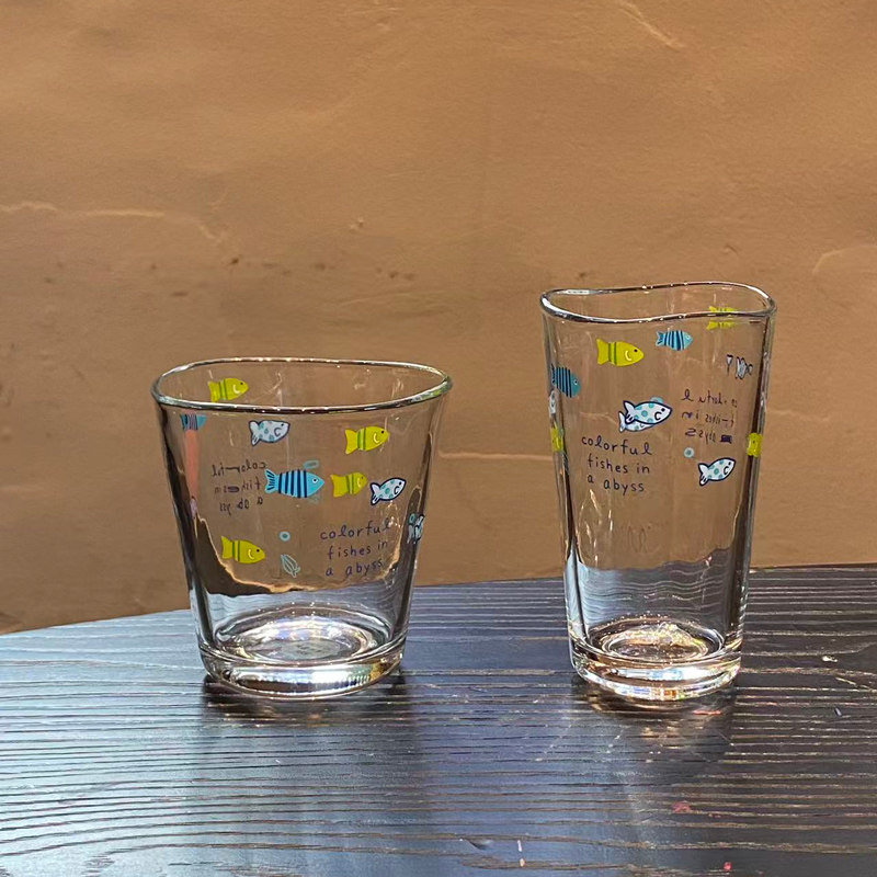 日系水杯夏日玻璃杯高颜值女生卡通热带小鱼耐高温果汁杯咖啡杯