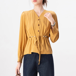 2025年新款 时尚 女秋季 V领衬衫 系带收腰显瘦上衣 简约气质百搭开衫