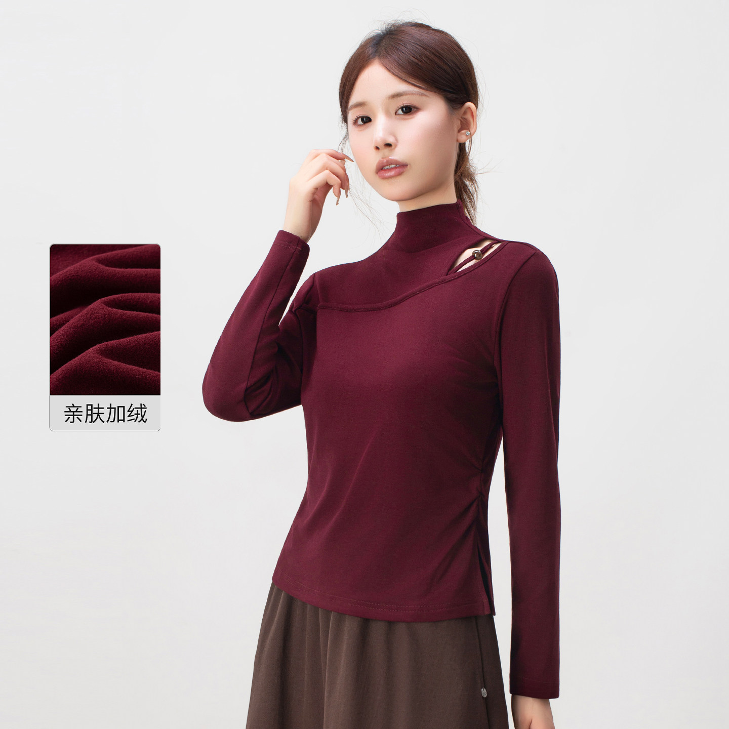 轻熟红色镂空加绒半高圆领t恤女秋冬2025新款修身显瘦打底衫上衣