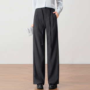 灰色系带显瘦通勤直筒休闲裤 极简风高腰阔腿裤 新款 2026春季 女西裤
