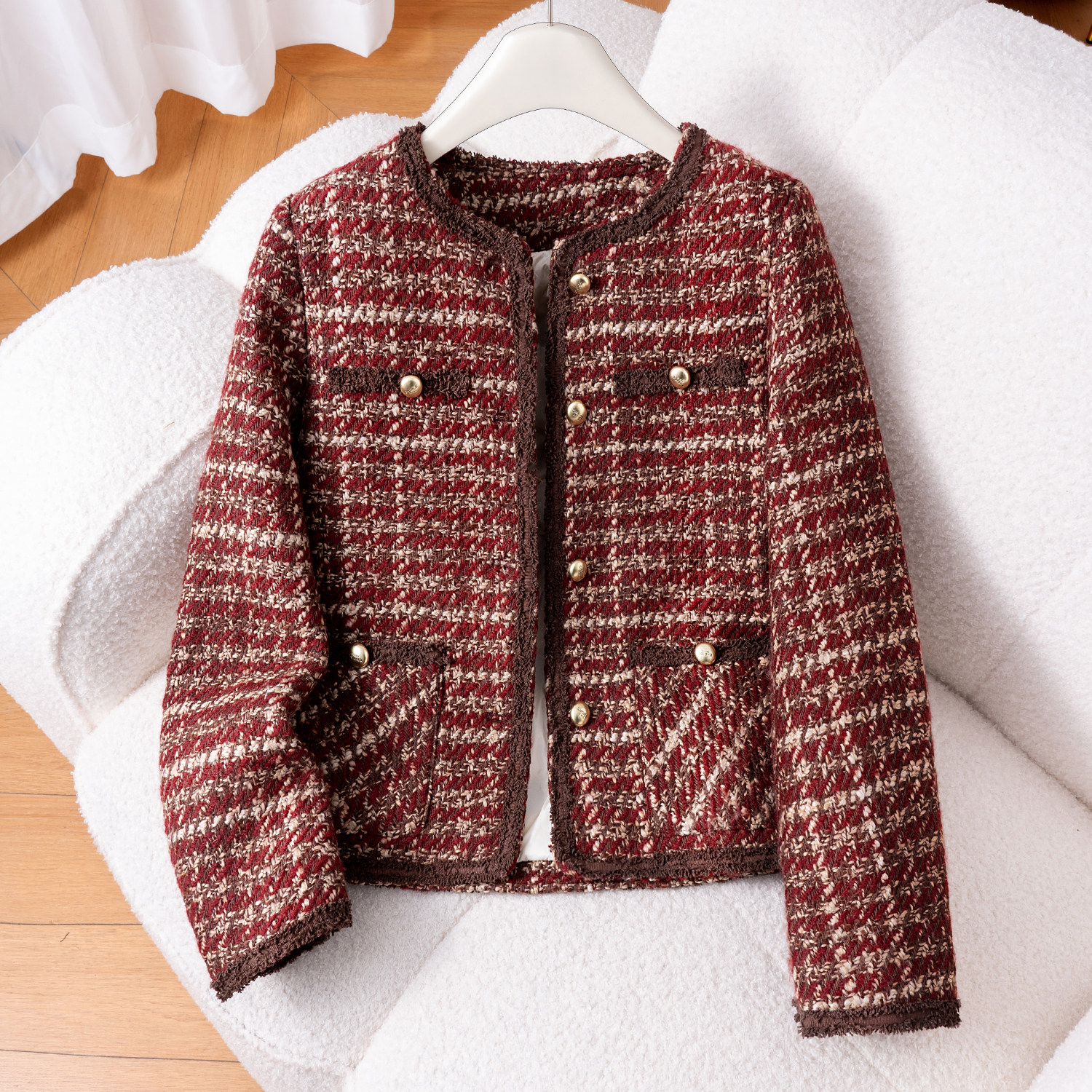 小香风格纹粗花呢短外套厚女冬季2025新款金属扣减龄洋气夹棉上衣,女装/女士精品,短外套,淘宝优惠券,粉丝福利购,淘宝优惠卷