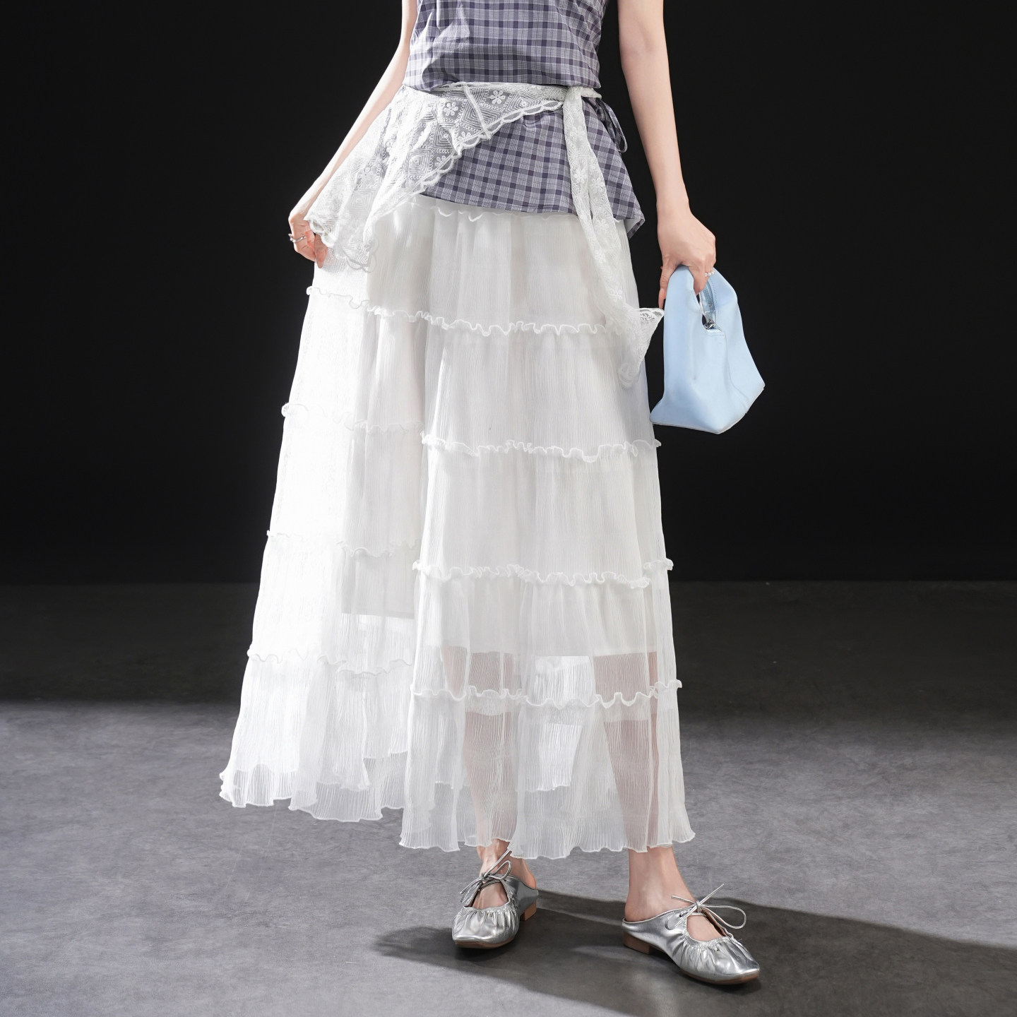 甜美风白色雪纺伞裙女2026夏季新高腰A字半身裙减龄层次感蛋糕裙